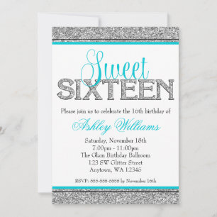 Convite Glam Faux Glitter Silver Teal Blue Sweet 16