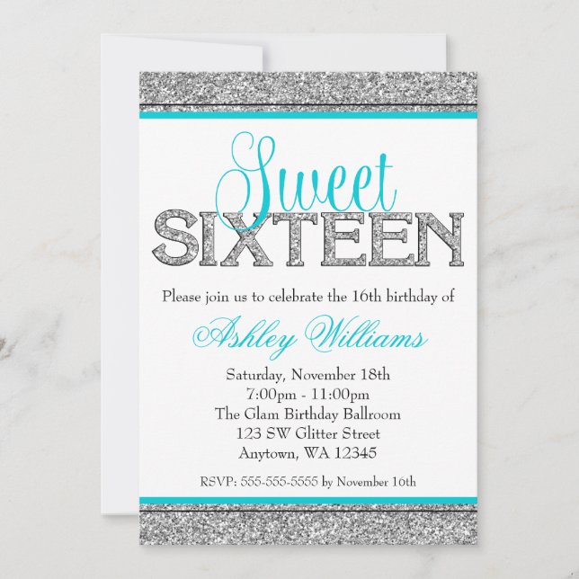 Convite Glam Faux Glitter Silver Teal Blue Sweet 16 (Frente)