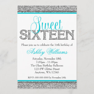 Convite Glam Faux Glitter Silver Teal Blue Sweet 16