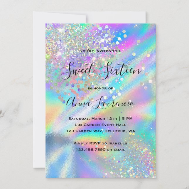 Convite Glam Faux Holographic Glitter Sweet 16 Aniversário (Frente)