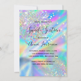 Convite Glam Faux Holographic Glitter Sweet 16 Aniversário