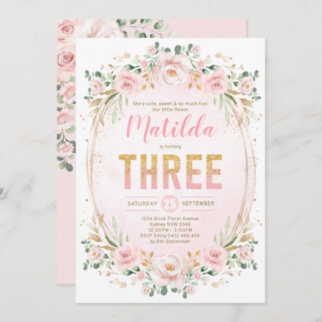 Convite Glam Feminina Blush Dourado Cor-de-Rosa (Frente/Verso)