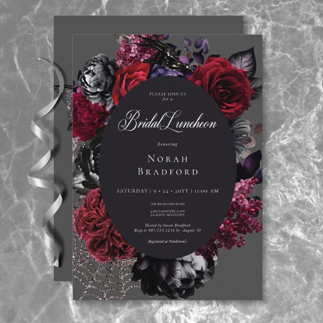 Convite Glam Floral Preto-Preto-Preto-Escuro do Halloween (Dark Halloween Glam Floral Black Bridal Luncheon Invitation)