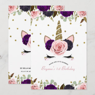 Convite Glam Floral Sombrio Unicórnio de Aniversário Doura
