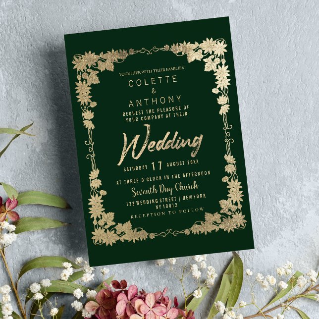 Convite Glam Forest Green Gold Fronteira com estrutura flo (Glam forest green gold floral frame border Wedding )