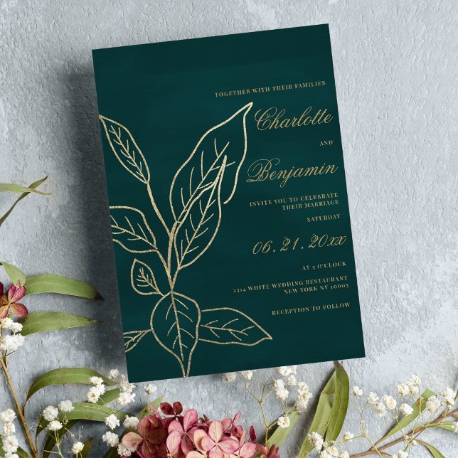 Convite Glam Forest Green Gold Glitter Folha floral casame (Glam forest green gold glitter floral leaf wedding)