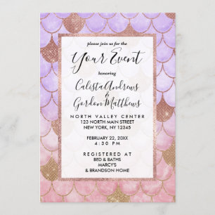 Convite Glam Girly Rosa Dourada Glitter Scales de Sereia