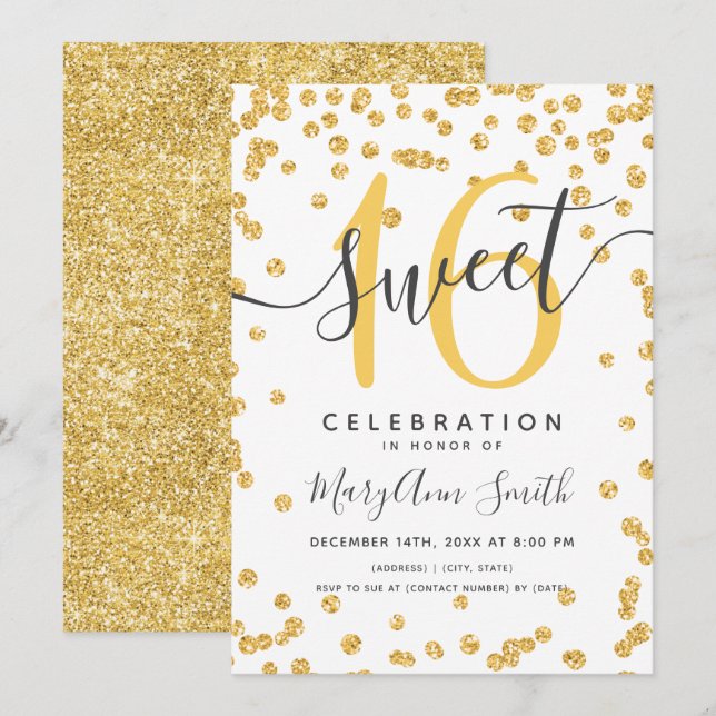 Convite Glam Glitter Confetti Dourado 16º Aniversário (Frente/Verso)