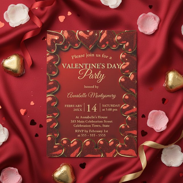 Convite Glam Glitter Red Gold Hearts Valentine's Day Party (Criador carregado)