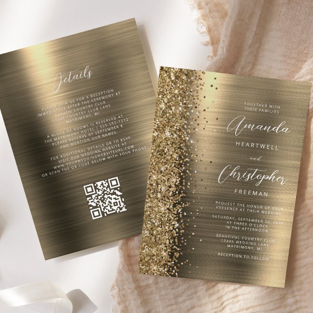 Convite Glam Gold Brushed Metal QR Code Wedding (Criador carregado)