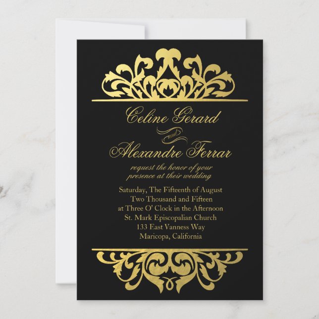 Convite Glam Gold Foil Flourish Weding | ouro negro (Frente)