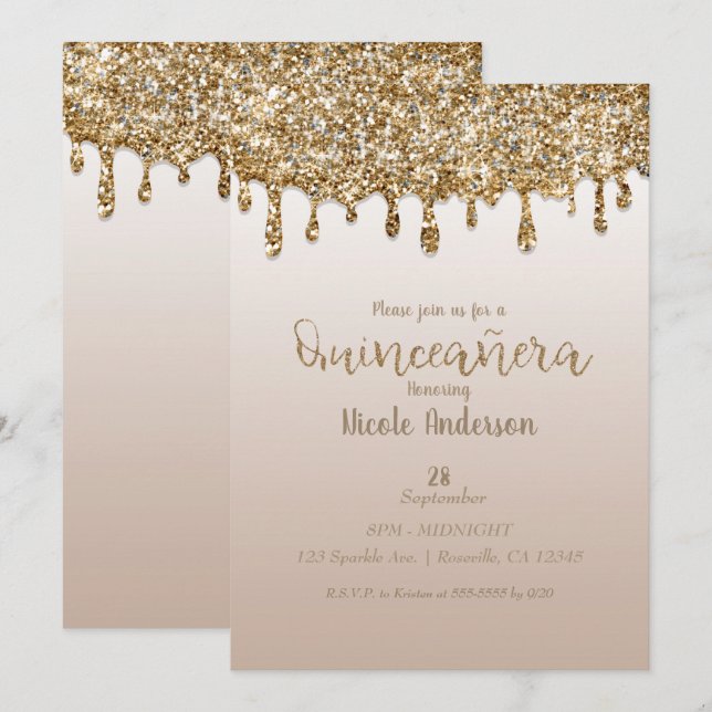 Convite Glam Gold Glitter Drip Quinceañera 15 Anos (Frente/Verso)