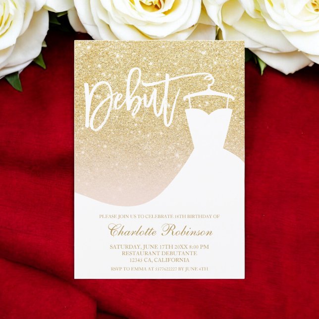 Convite Glam gold glitter elegante vestido chic 18th Debut (Glam gold glitter elegant chic dress 18th Debut Invitation)