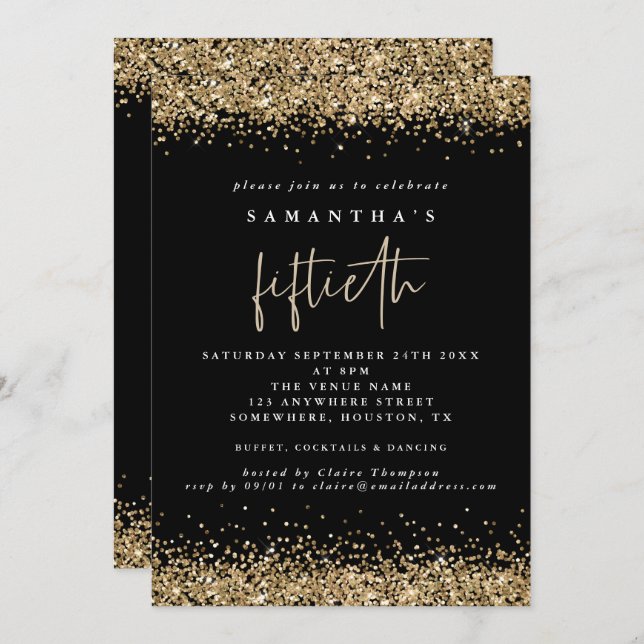 Convite Glam Gold Glitter Festa dos Cinquenta Preto (Frente/Verso)