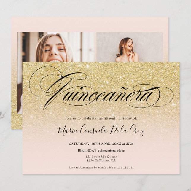 Convite Glam gold glitter mbre script rosa quinceañera (Frente/Verso)