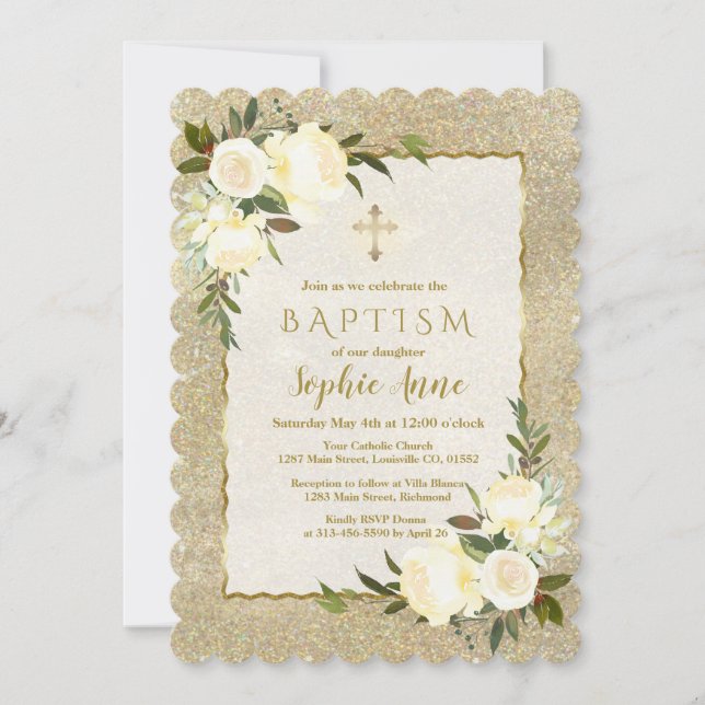Convite Glam Gold Glitter White Floral Gold Cross Baptism (Frente)