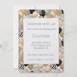 Convite Glam Gold Glitzy Glitter Silver Balloons Birthday