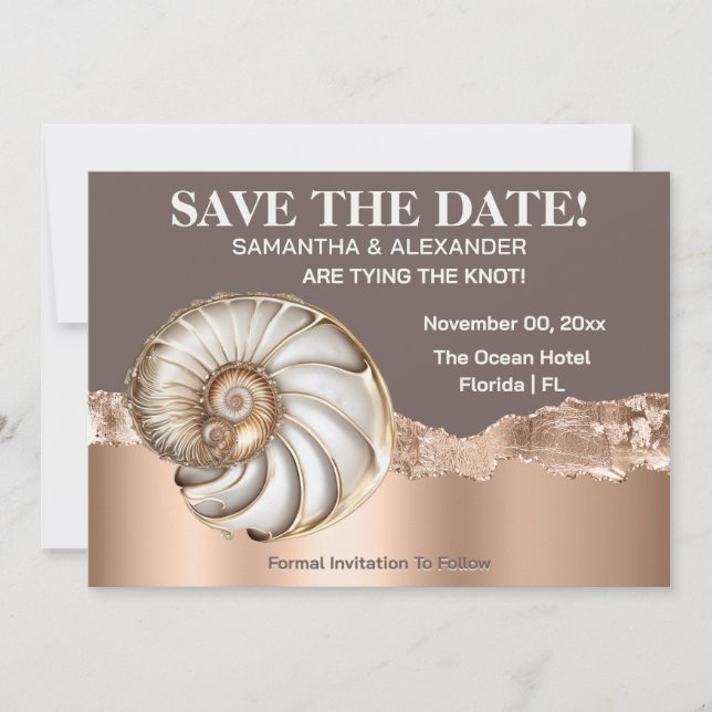 Convite Glam Gold marfim Concha Shell Beach Save The Date (Frente)