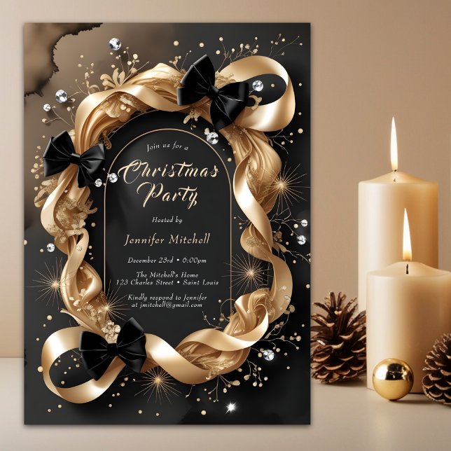 Convite Glam Gold Ribbon Black Bow Christmas Party (Glam Gold Ribbon Black Christmas Party Invitation)