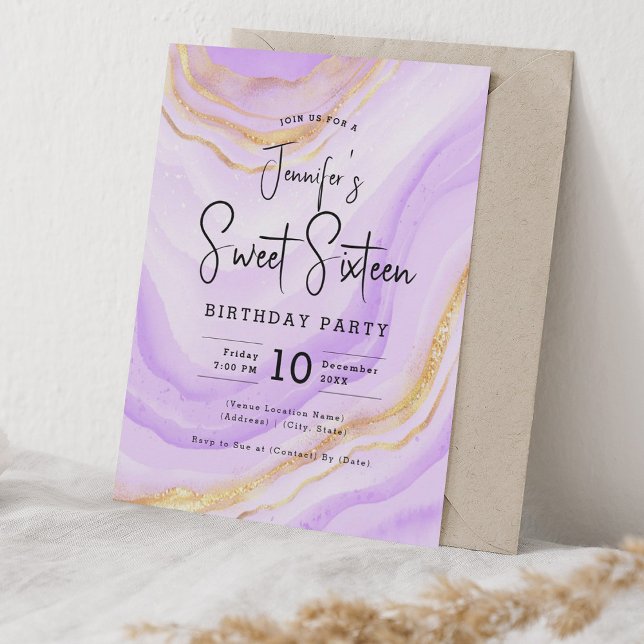 Convite Glam Lavanda Roxo Marble Glitter Sweet 16 Party (Glam Lavender Purple Marble Glitter Sweet 16 Party Invitation)