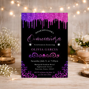 Convite Glam Lilás e Rosa Gradiente Glitter Quinceanera