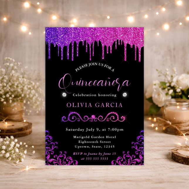 Convite Glam Lilás e Rosa Gradiente Glitter Quinceanera (Criador carregado)