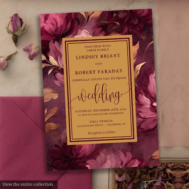 Convite Glam Luxury Maroon Blush Dourado Casamento Floral (Glam Luxury Maroon Blush Gold Floral Wedding Invitation)