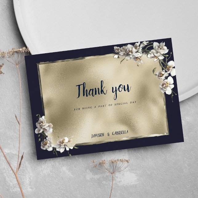 Convite Glam Marinha Azul, Dourada, flor branca de orquíde (Glam navy blue gold white orchid flower Thank You )