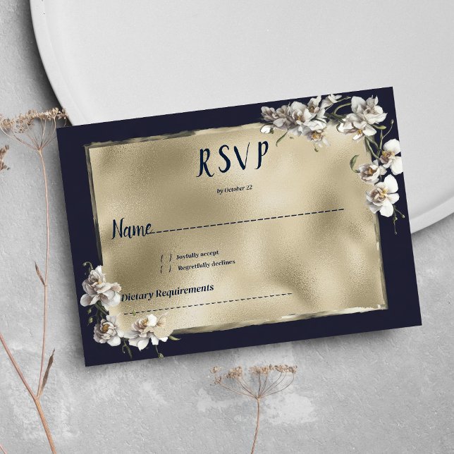 Convite Glam Marinha Azul, Dourada, flor branca de orquíde (Glam navy blue gold white orchid flower RSVP)