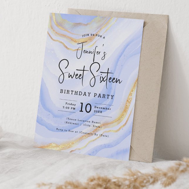 Convite Glam Marinho Azul Marble Glitter Doce Festa 16 (Glam Navy Blue Marble Glitter Sweet 16 Party Invitation)
