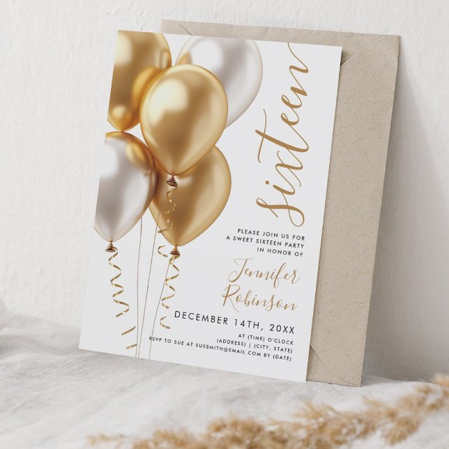 Convite Glam Minimal Dourado Balões Doce 16 Aniversário (Glam Minimal Gold Balloons Sweet 16 Birthday Invitation)