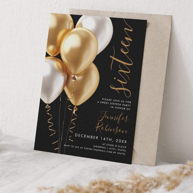 Convite Glam Minimal Dourado Balões Doce 16 Negra Aniversá (Glam Minimal Gold Balloons Sweet 16 Birthday Black Invitation)