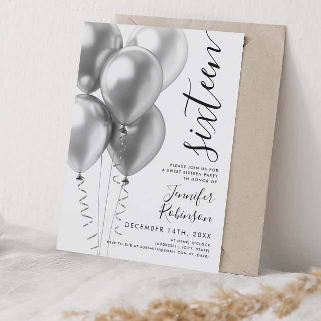 Convite Glam Minimal Silver Balões Doce 16 Aniversário (Glam Minimal Silver Balloons Sweet 16 Birthday Invitation)