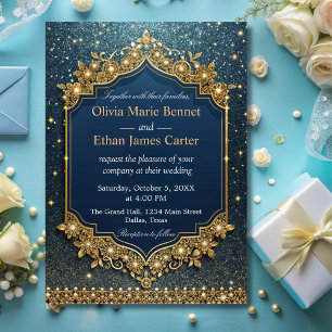 Convite glam moderno azul-luxuoso Casamento de ouro brilha