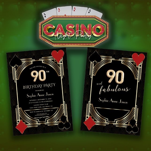 Convite Glam Ouro Art Deco Casino Poker 90 Birthday (Criador carregado)