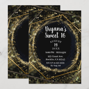 Convite Glam Ouro & Preto Moderno Abstrato Glam Sweet 16