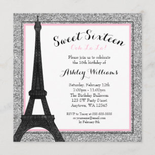 Convite Glam Paris Themed Faux Glitter Sweet 16 Aniversár