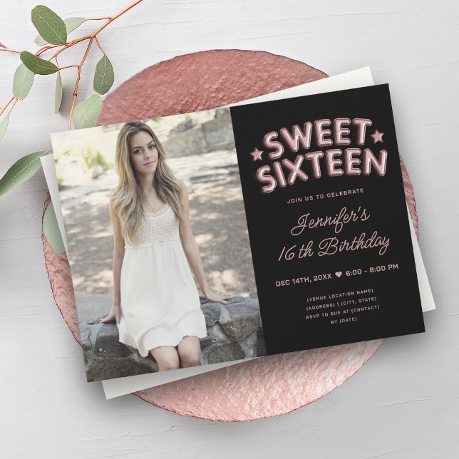 Convite Glam Photo Rosa Dourado Black Balloons Sweet 16 (Glam Photo Rose Gold Black Balloons Sweet 16 Invitation)