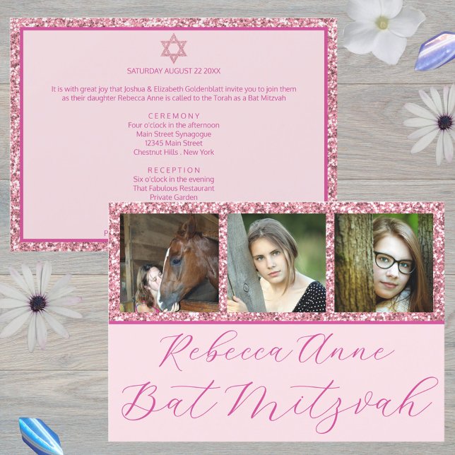 Convite Glam Pink Elegant Script 3 Photo Bat Mitzvah (Add your daughter's photos to these chic pink Bat Mitzvah invitations)