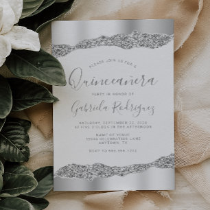 Convite Glam Prata Folha Glitter Quinceañera