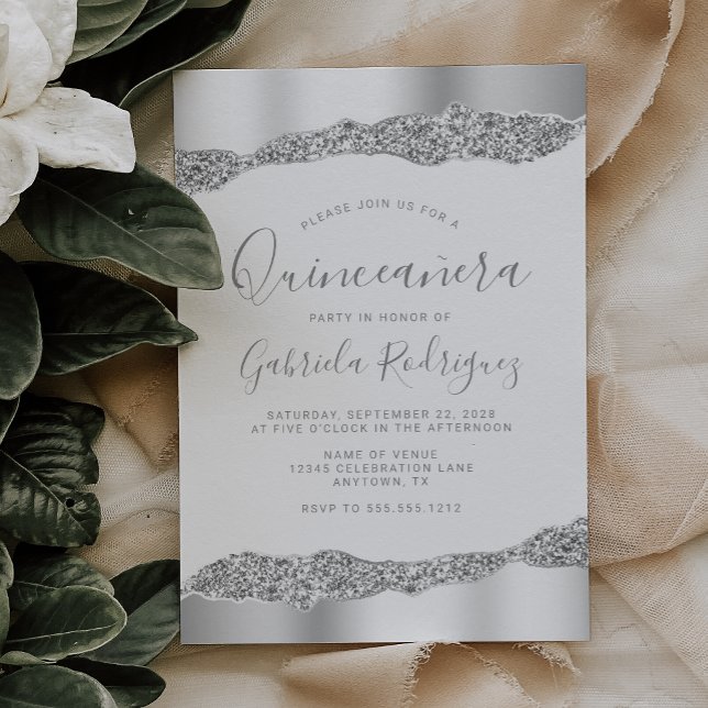 Convite Glam Prata Folha Glitter Quinceañera (Criador carregado)