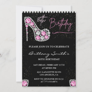Convite Glam Preto Rosa Prata Diamante 86º aniversário