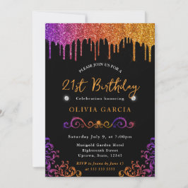 Convite Glam Purple e Laranja Brilho Aniversário de 21 ano