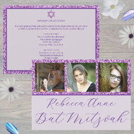 Convite Glam Purple Elegant Script 3 Photo Bat Mitzvah