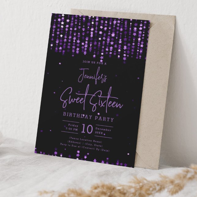Convite Glam Purple Falling Stars Sweet 16 Festa de aniver (Glam Purple Falling Stars Sweet 16 Birthday Party Invitation)