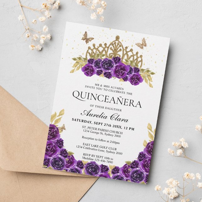 Convite Glam Purple Floral Dourada Tiara Quinceanera (Criador carregado)