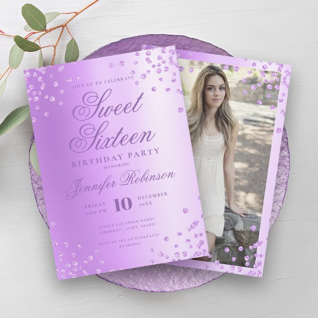 Convite Glam Purple Foil Glitter Confetti Foto Sweet 16 (Glam Purple Foil Glitter Confetti Photo Sweet 16 Invitation)