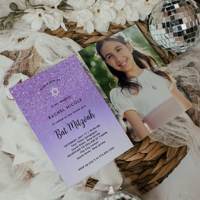 Convite Glam Purple Glitter Look Bat Mitzvah | Remoção de  (Criador carregado)