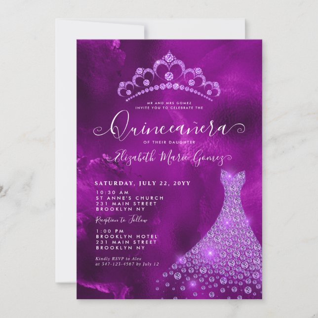 Convite Glam Purple Violet Diamond Tiara Dress Quinceanera (Frente)