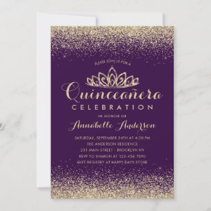 Convite Glam Purple Violet Quinceañera Dourada Tiara Glitt